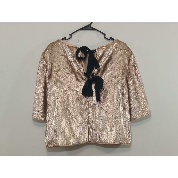 J. Crew Women’s Top Sequin Black Ribbon Zip Back Closure Gold MSRP $148 Size 8 - Picture 11 of 16